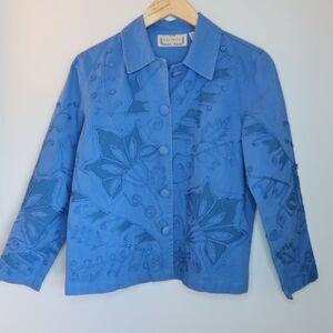 Life Style Jacket Womens S Blue Floral Long Sleeve Embroidered Sleeves